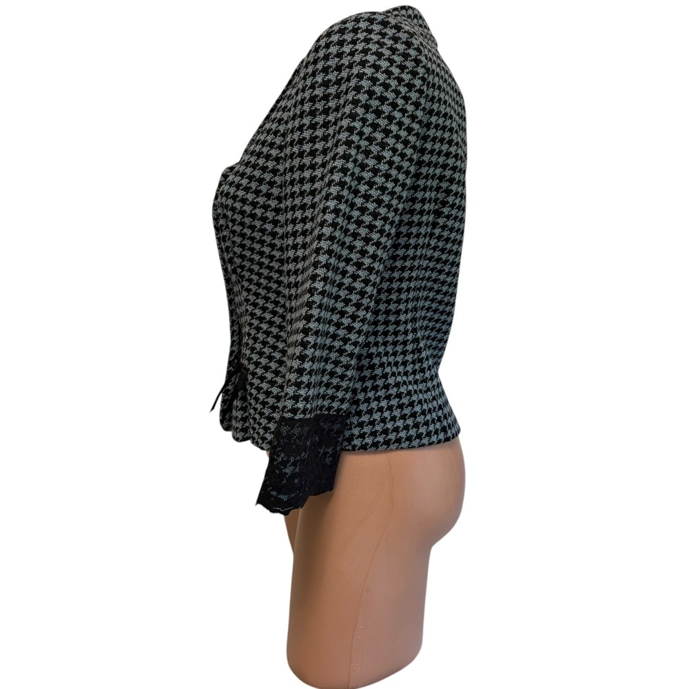 Unger Blazer Size 8 Blue Black Houndstooth Wool Blend Lace Trim Tailored Y2K - Picture 3 of 8